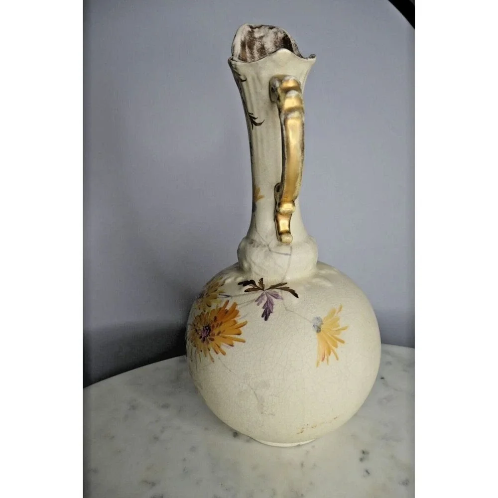 Antq Art Nouveau Ewer Gold Painted Floral Pitcher Ornate Handle Unmarked Cottage